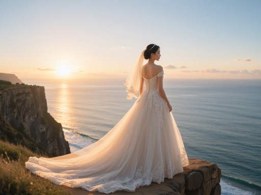 长沙橘子洲头夕阳下的婚纱照,新郎新娘身着白色婚纱礼服,背景是湘江和远山,金色夕阳洒在水面,构图浪漫唯美