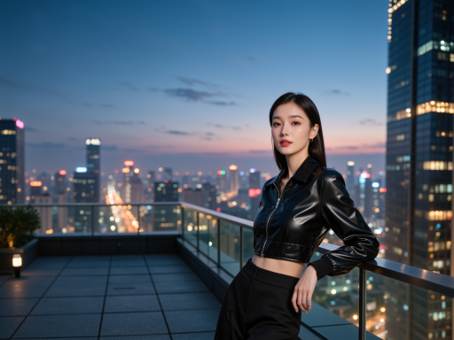 长沙IFS国金中心天台的城市街景人像,模特身着时尚休闲装,背景是长沙繁华的城市天际线,光线柔和自然